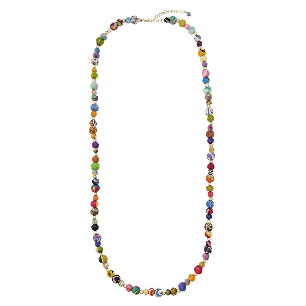 Fair Trade NWT Long 39 Inch Necklace Round Beads Handmade Upcycled Kantha Fabric